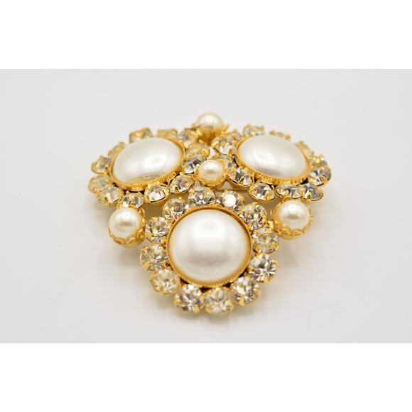 Vintage Crystal Pin Brooch Pearl Prong Cluster Gold Rhinestone Chunky 80s BinAC - Picture 5 of 12